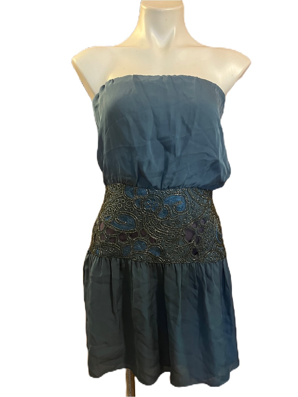 Parker Silk Strapless Teal Beaded Waist Mini Dress Small
